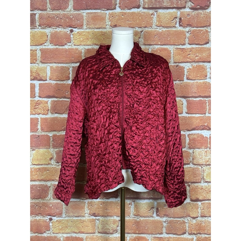 VTG JOSEPH RIBKOFF Trends Veston Crinkled Glossy Satin Red Full Zip‎ Jacket 16